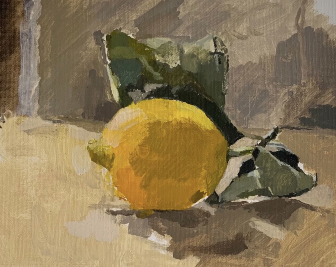 Textured oil painting of a vibrant yellow lemon with green leaves